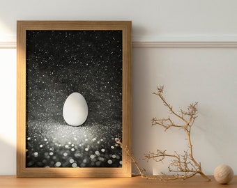 Abstract photorealistic print, cosmic white egg in starry space, cosmology and symbolism wall art on recycled paper, world egg among stars