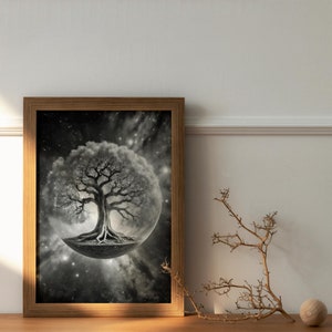 Stampa Cosmic Tree Of Life su carta riciclata, arte World Tree, stampa spaziale, decoro Dark Academia, stampa murale celestiale malinconica, arte magica