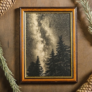 Starry night sky in forest wall art, shimmering space picture on golden aluminum in wooden frame, astronomy lover gift in retro style