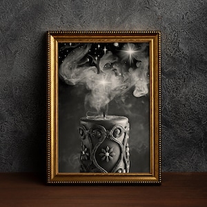 Kerze der Divination Druck auf Recyclingpapier, Sterne und Planeten im Weltraum aus dem Rauch der Flame, fantastisches Astro Wandbild Poster