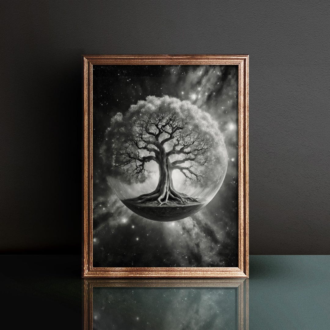 Cosmic Tree of Life Print: Black and White Celestial Art on Recycled ...