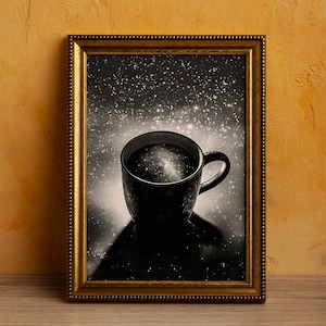Kosmischer Kaffee Druck auf Recyclingpapier, für Astronomie und Tasse Tee Liebhaber, motivierendes und inspirierendes Wandbild mit Sternen