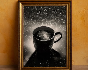 Celestial Coffee print on recycled paper, dark mug with stars in space, astronomy and cup of tea lovers, motivational & fun wall art picture