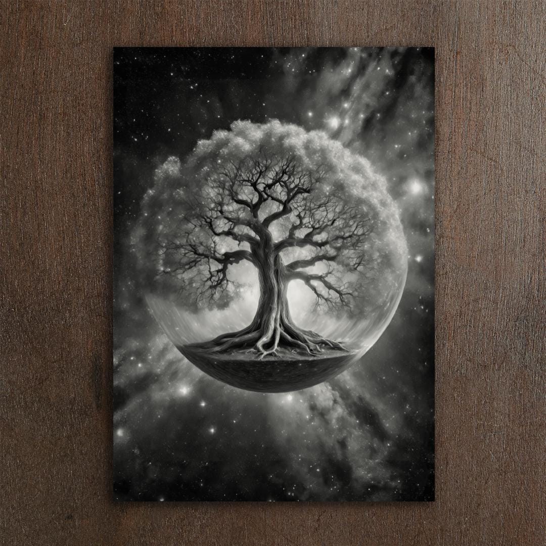 Cosmic Tree of Life Print: Black and White Celestial Art on Recycled ...
