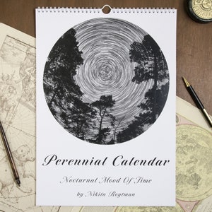 Calendario da parete perenne "Nocturnal Mood Of Time" / Calendario perpetuo di compleanno / Regalo decorativo per fotografia di cielo e natura di 12 mesi / Design rotondo