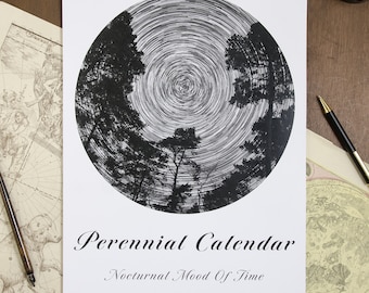 Perennial Wall Calendar "Nocturnal Mood Of Time" | Perpetual Birthday Calendar | 12 month sky & nature photography decor gift | round design