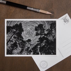 Carte postale, cercles d'étoiles dans la forêt, ciel étoilé avec des arbres, carte d'anniversaire, carte de sympathie, carte de deuil, art de l'astronomie, art de l'espace