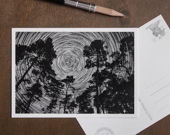 Postkarte, Sterne im Wald, Sternenhimmel mit Bäumen, Geburtstagskarte, Einladungskarte, Trauerkarte, achtsame Astronomie, Beileidskarte