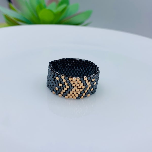 Even Peyote Ring Bead Pattern, Geometry Ring Pattern, Black and Gold Ring Pattern, Miyuki Delica Bead Peyote Pattern, Instant Download