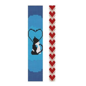 May include: Two beaded bracelets, one blue with a black and white cat design and the other red with a repeating heart pattern.