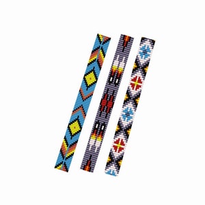 May include: Three beaded strips with different geometric patterns in shades of blue, yellow, red, white, and black.