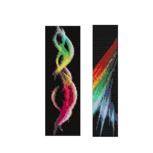 May include: Two beaded bracelets with colorful designs. The first bracelet has a swirling design with shades of green, red, and yellow. The second bracelet has a diagonal design with shades of red, green, and blue.