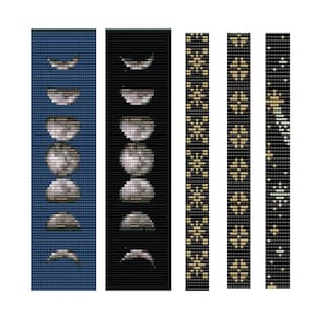 May include: Five beaded bracelets with different patterns. The first two bracelets feature a blue and black background with a white moon phase design. The next two bracelets have a black background with a gold snowflake design. The last bracelet has a black background with a gold star and crescent moon design.