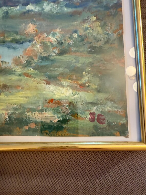 油彩画 川の風景 金色フレーム付き 油彩画 川の風景 金色フレーム付き