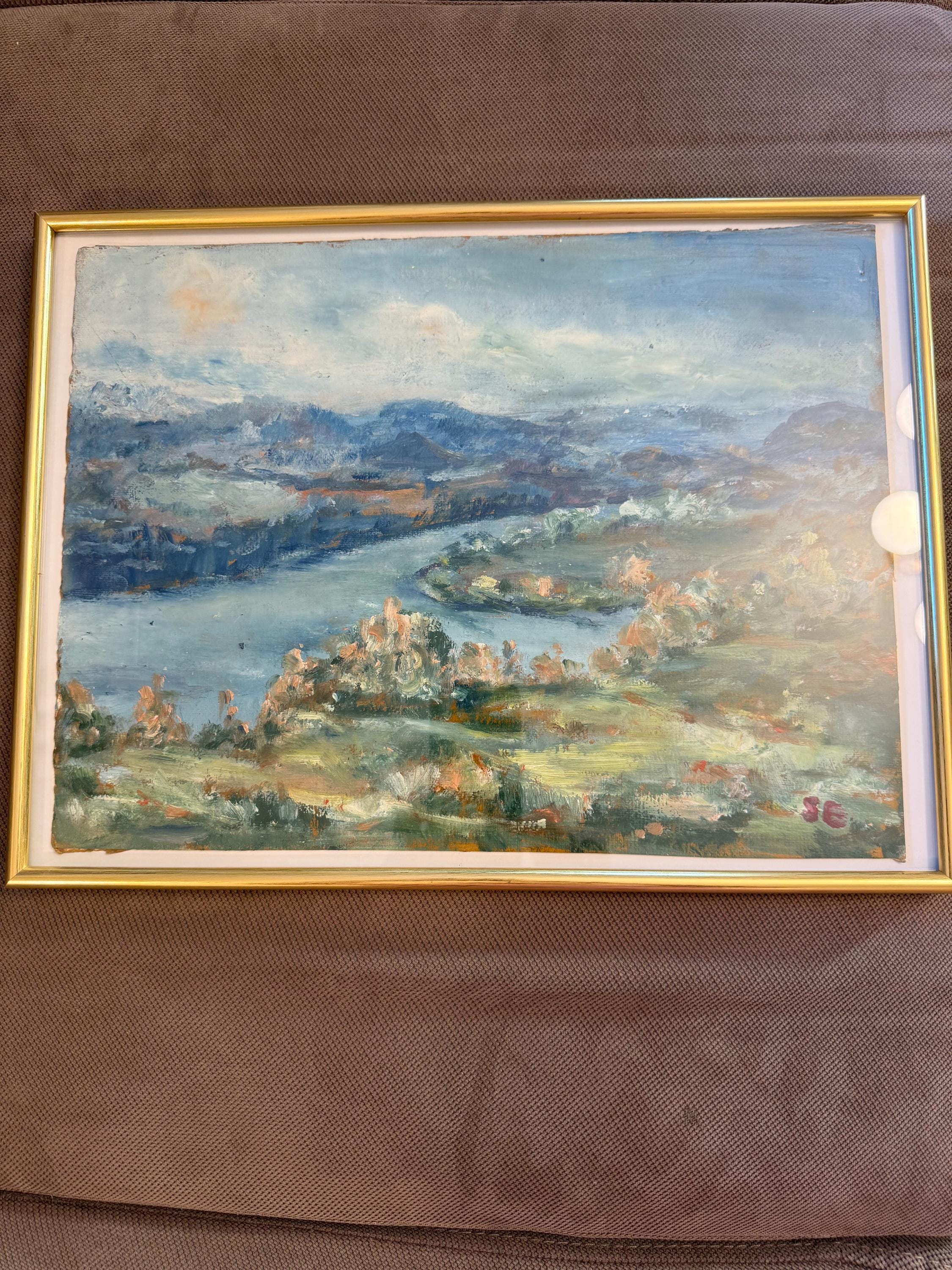 川の風景画 金色フレーム付き 油彩画 川の風景 金色フレーム付き 油彩