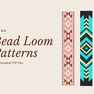 May include: Two bead loom patterns, one with a geometric design in red, white, and pink, and the other with a geometric design in blue, yellow, and black.  The text "Bead Loom Patterns" is displayed above the patterns.