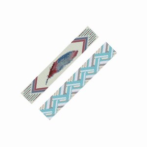 May include: Two beaded bracelets, one with a blue and red feather design and the other with a blue and white geometric pattern.