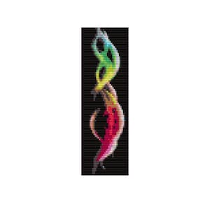 May include: A beaded bracelet featuring a colourful abstract design. The design incorporates a swirling pattern of red, pink, green, yellow and blue beads on a black background.