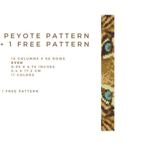 May include: Peyote beading pattern for a bracelet featuring a tiger eye design with brown, gold, and turquoise beads. The pattern is 18 columns by 98 rows, measures 0.95 inches by 6.78 inches, and uses 11 colors. The listing includes one free pattern.