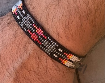 Handwoven Miyuki Delica Beaded Bracelet, American Native Style, Black Gray Orange White