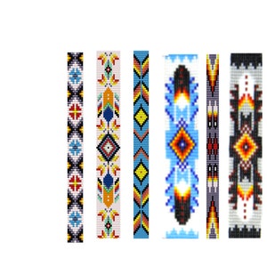 May include: Six beaded strips with different geometric patterns in shades of red, blue, yellow, white, black, and orange. The strips are made of small beads and have a traditional Native American design.