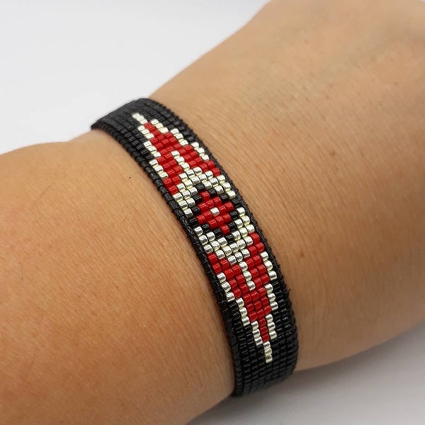 American Native Cherokee Style Bracelet, Black and Red Silver Plated Bracelet, Loom Beaded Bracelet