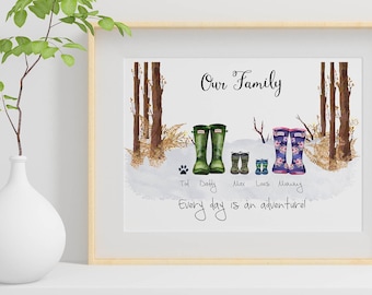Personalised Welly Boot Family Print, Christmas Gift, Gift for Mum