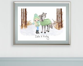 Personalized Horse & Girl Winter Print – Custom Horse Lover Gift