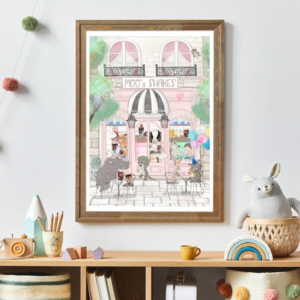 Wunderliche Tierwandkunst, wunderliche Tierdruck, Milchshakes Druck, Kinderdrucke, hübsches Kinderzimmer Dekor, rosa Kinderzimmer Wandkunst, rosa Kunst