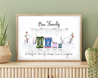 Personalised Family Print, Gift for Christmas for Her or him, Gift for Grandparents, Secret Santa Gift, Family Welly Print, Christmas theme