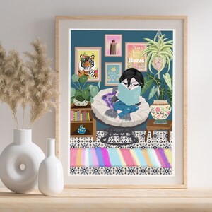 Book Lover Print: Relaxing Girl Reading, Boho Wall Art, Bookish Print