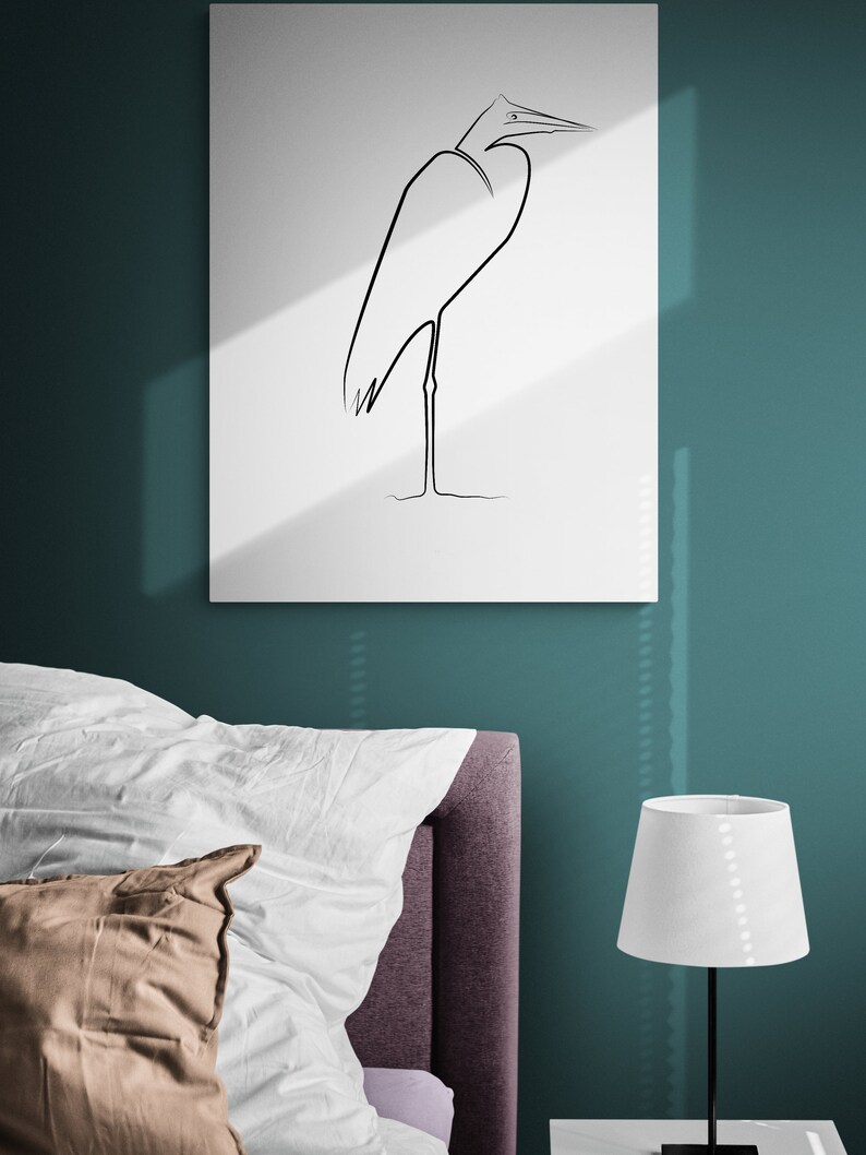 Single line art of standing heron Heron printable One Line Art Bird minimalist wall art