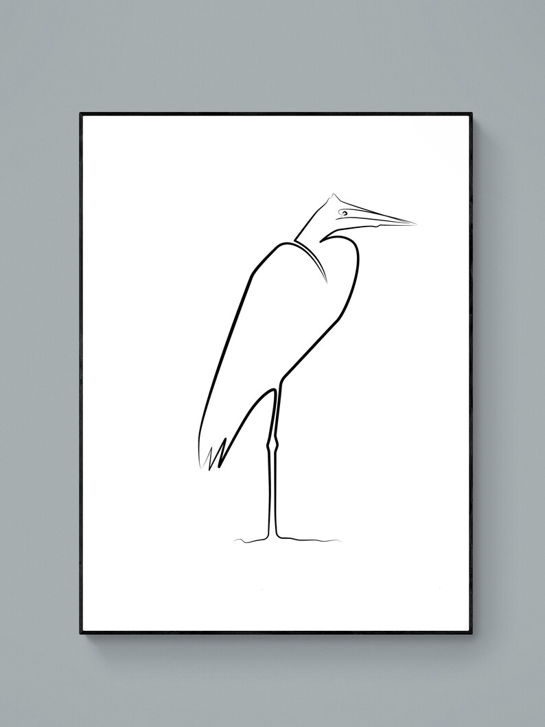 Single line art of standing heron Heron printable One Line Art Bird minimalist wall art