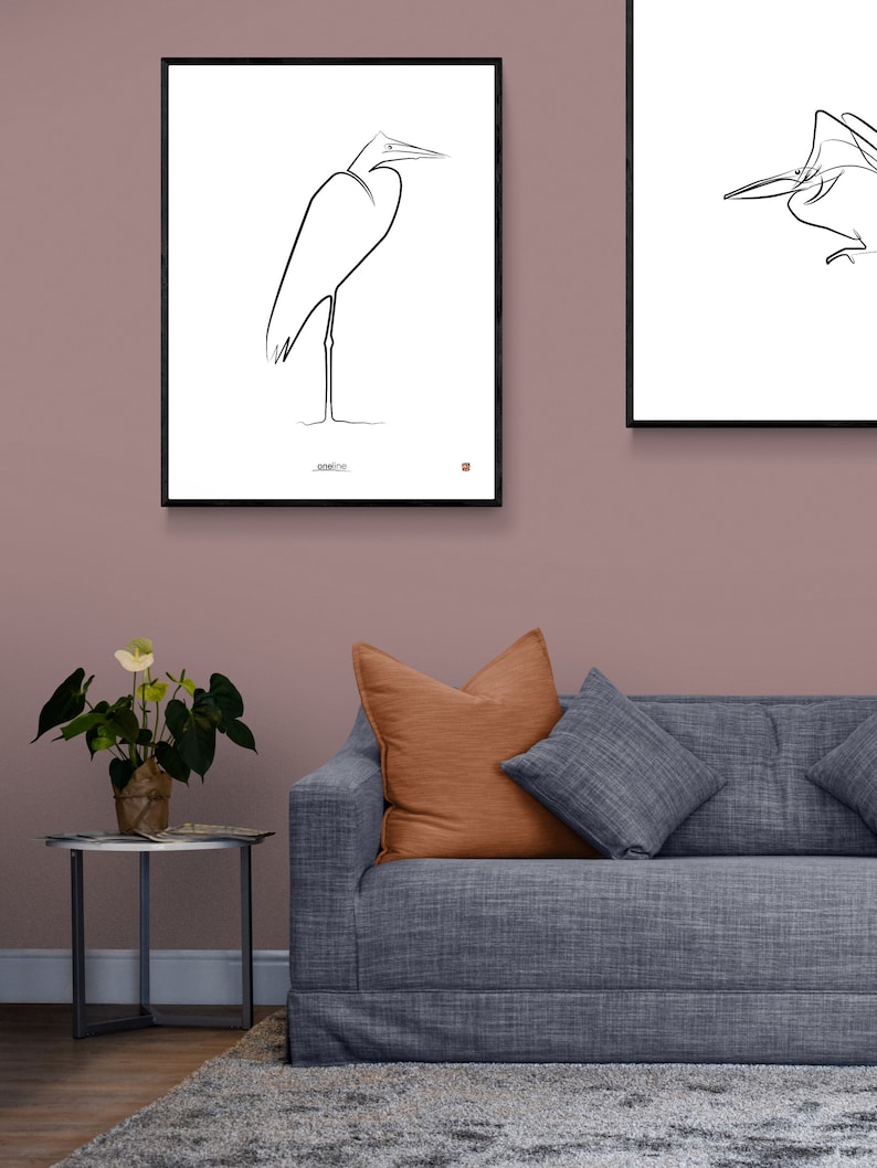 Single line art of standing heron Heron printable One Line Art Bird minimalist wall art