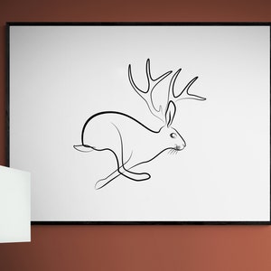 Running jackalope line art. Printable wall art horned hare. | Etsy