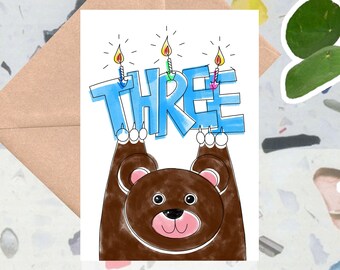 3rd Birthday card, Three Today, Hand drawn & Eco Friendly