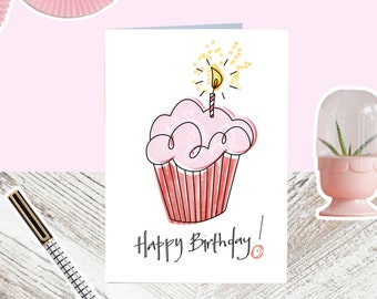 Birthday Cupcake card, Cake Birthday card, Happy Birthday Card, Hand drawn & eco friendly