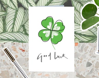 Good Luck card,  Lucky 4 leaf clover card, Good luck greetings card, exams, new job, driving test