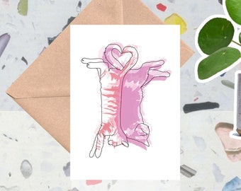 Puede incluir: Un dibujo de línea rosa y blanco de dos gatos acurrucados juntos en forma de corazón. Los gatos están dibujados en un estilo simple y minimalista.