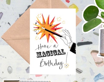 Magic Birthday Card, Wand, Wizard, Magician, Happy Birthday, Hand drawn & Eco Friendly