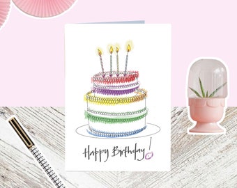 Birthday Cake Card. Birthday Card. Happy Birthday. Artist Designed. Hand drawn. Sustainable.