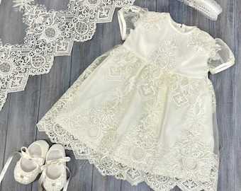 Baptism Dress for Baby Girl, Lace Christening Gown - Headband - Shoes Personalized - Blessing Dress