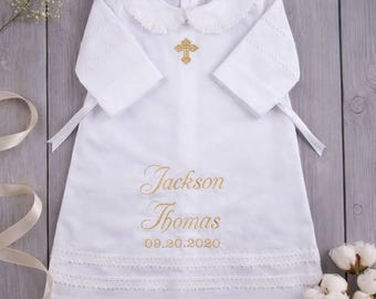 Traje de bautizo personalizado para niño, conjunto de bautismo, bata de bautizo de algodón blanco, bordado de nombre personalizado, conjunto para la dedicación del bebé.