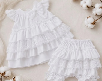 Baby Girl Christening Dress Set with Bloomers – White Baptism Outfit, Heirloom Ceremony Dress for Infant & Toddler