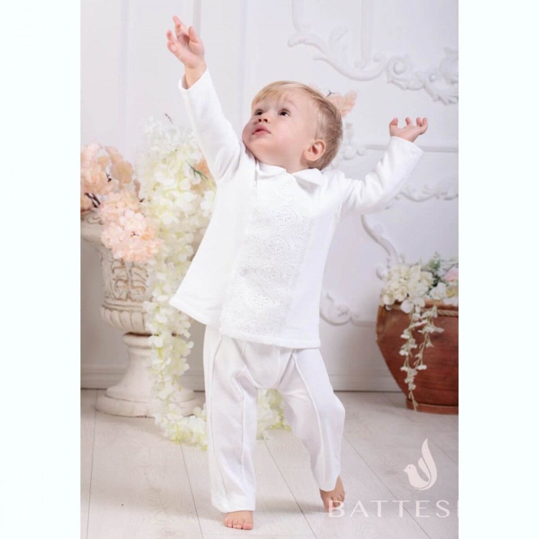 Boys Christening Outfit - Hat - Booties | Baby Boy Baptism Outfit ...