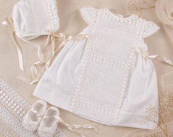 Baby Girl Baptism Dress and Bonnet | Christening Dress | White Baptism Dress | Ivory Christening Dress | Blessing Dress | Baptist Dress