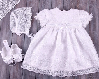 Baptism Dress for Baby Girl - Bonnet - Booties - Bib | Christening Gown Girl | Lace Baptism Outfit Girl | Blessing Dress