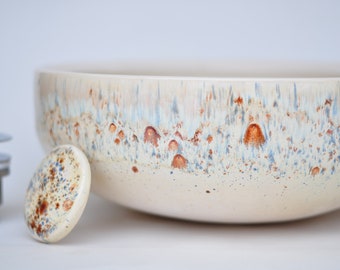 Handmade Ceramic Vessel Sink 33 cm – Round Bathroom Basin in Bird’s Egg Glaze, Countertop Washbasin, Made in Europe