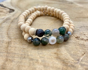 Duo of Indian Agate and wood bracelets