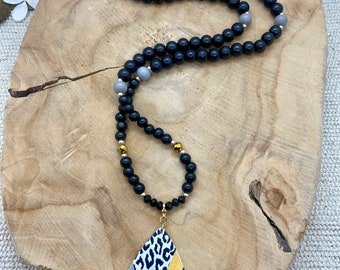 black wooden long necklace boho chic leopard pendant